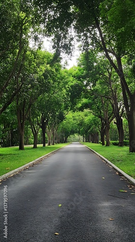 Road through Forest with Green Trees and Asphalt Pavement on Sides with Grass Landscape