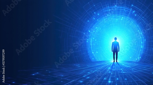 Silhouette of a Person Standing Before a Glowing Blue Digital Tunnel