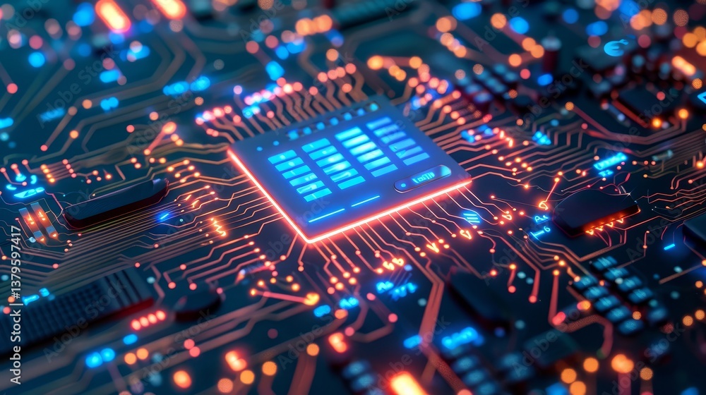 Obraz premium Advanced Microchip Technology Analysis - Exploring the intricacies of microchip design, processing power, data flow, technological advancement, and future implications