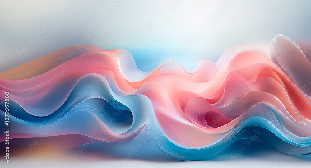 Fototapeta premium Fluid, wavy layers of pink and blue hues intertwine, forming a gentle, abstract and visually appealing design.