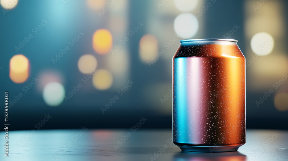futuristic sparkling beverage can with glowing, colorful design stands prominently on table, surrounded by soft bokeh background that adds vibrant atmosphere futuristic sparkling beverage can with glowing, colorful design stands prominently on table, surrounded by soft bokeh background that adds vibrant atmosphere