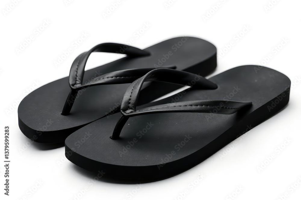 Pair of black flip-flops isolated on white backdrop, clean, thongs, minimal Pair of black flip-flops isolated on white backdrop, clean, thongs, minimal