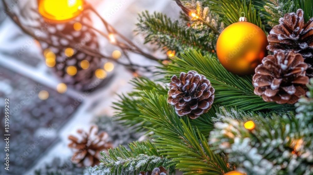 Lush pine branches adorned with golden ornaments and pine cones create a festive winter atmosphere enhanced by warm glowing lights Lush pine branches adorned with golden ornaments and pine cones create a festive winter atmosphere enhanced by warm glowing lights