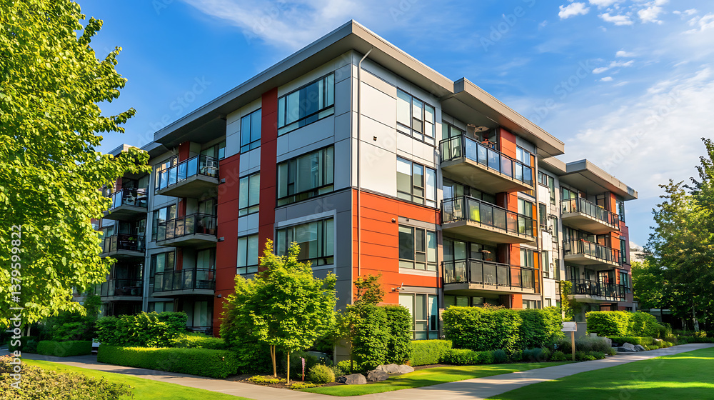 Fototapeta premium Modern Condominium Building Exterior with Balconies, Landscaping, and Blue Sky A Residential Urban Lifestyle in a Serene Environment