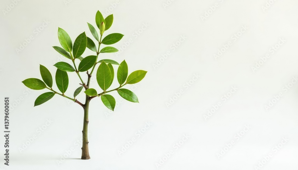 Obraz premium Single young tree, delicate leaves, white backdrop, branch, small, environment