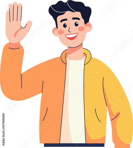 Cheerful young man greeting with a smile in a colorful jacket cartoon isolated on transparent background. Vector illustration.