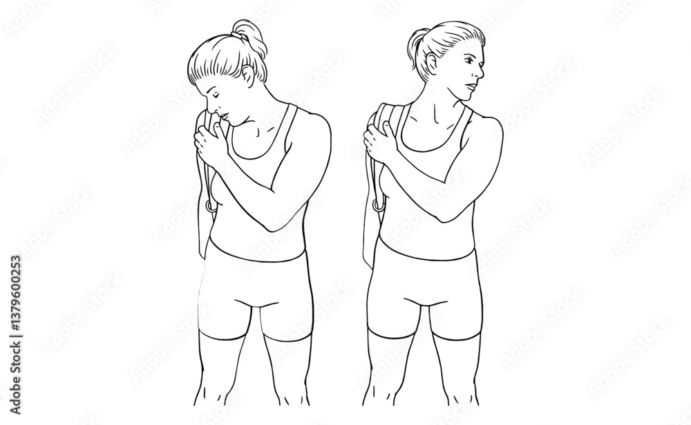 Fototapeta premium Elastic Band Exercise Steps Illustration Shoulder and Arm Stretch Decomposition