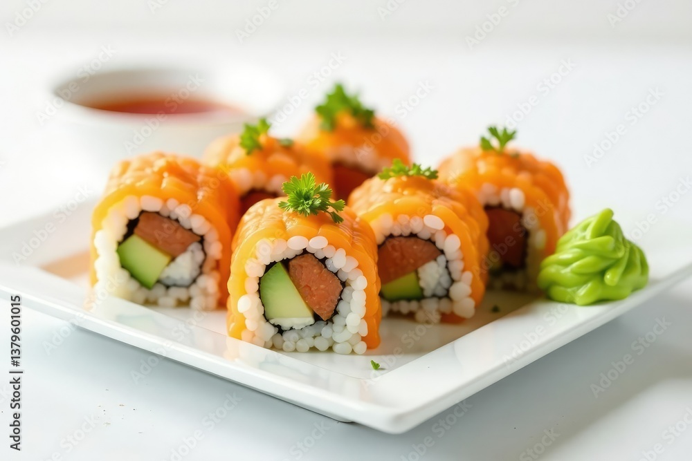 Variety of sushi rolls, ginger, wasabi, white backdrop , gastronomy, seafood, fish Variety of sushi rolls, ginger, wasabi, white backdrop , gastronomy, seafood, fish