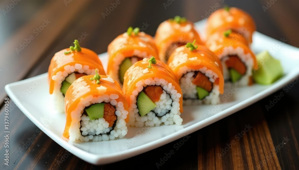 Various sushi rolls arranged on white plate, soy sauce, wasabi, japanese food, menu, white background Various sushi rolls arranged on white plate, soy sauce, wasabi, japanese food, menu, white background