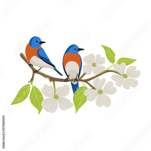 vector drawing flowering dogwood and eastern bluebirds , tree branch with green leaves and flowers, Cornus florida isolated at white background, hand drawn illustration