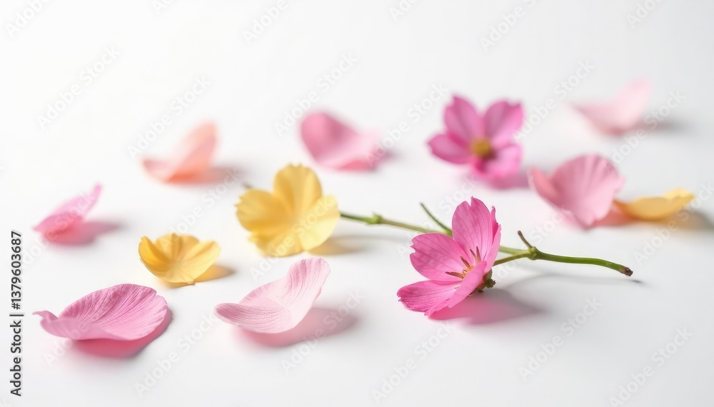Fototapeta premium Delicate flower petals scattered around a single plant stem on white background, floral, simple