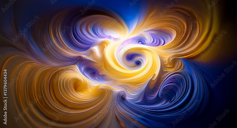 Fototapeta premium Abstract digital art featuring swirling colors of yellow, orange, purple, and blue. Fluid, dynamic, and vibrant composition with a central bright glow.