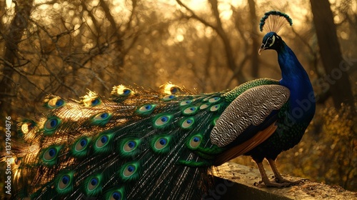 Majestic peacock displays plumage in golden forest setting