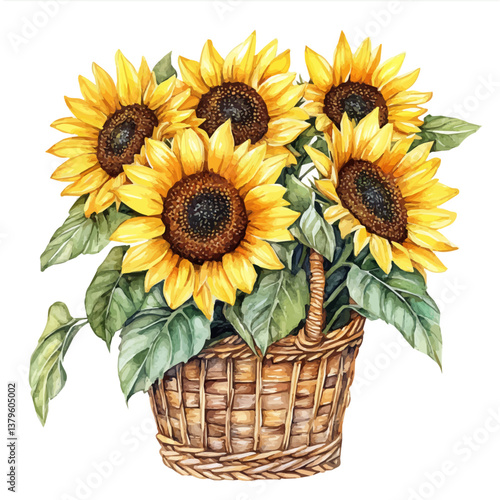 A watercolor vector illustration of Sunflower bouquet in a basket, isolated on a white background.

