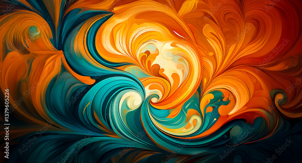 Vibrant abstract art featuring flowing swirls of orange, yellow, teal, and deep blue hues. The dynamic composition evokes a sense of movement and energy with its fluid shapes. Vibrant abstract art featuring flowing swirls of orange, yellow, teal, and deep blue hues. The dynamic composition evokes a sense of movement and energy with its fluid shapes.
