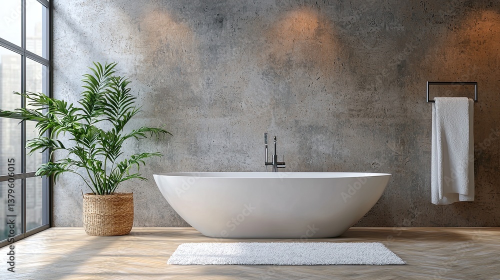 Modern bathroom design features a freestanding tub and indoor plant Modern bathroom design features a freestanding tub and indoor plant