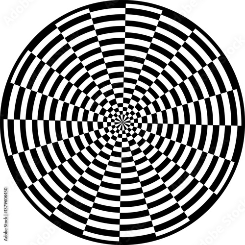 A hypnotic optical illusion with a circular checkered pattern in blue and pink. The radial design creates a dynamic visual effect, perfect for abstract art, backgrounds, and creative design projects.