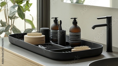 Bathroom accessories organized on black tray next to faucet