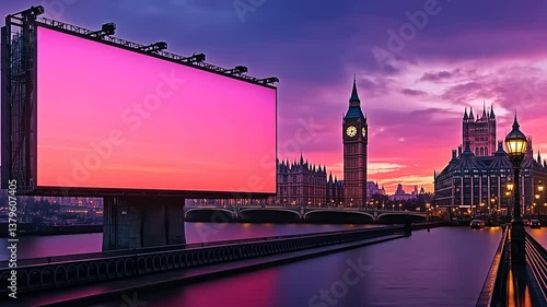 Sunset view over the River Thames with a large blank billboard in the foreground and Big Ben in the background