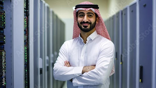Server Room Specialist: Confident Middle Eastern IT Professional in Data Center Environment