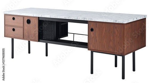 A white marble top table with a brown wood base