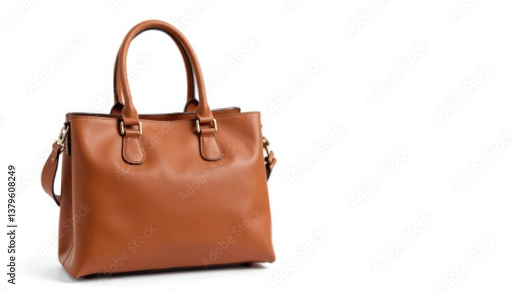 Stylish brown leather tote bag isolated on white background, texture, close-up Stylish brown leather tote bag isolated on white background, texture, close-up