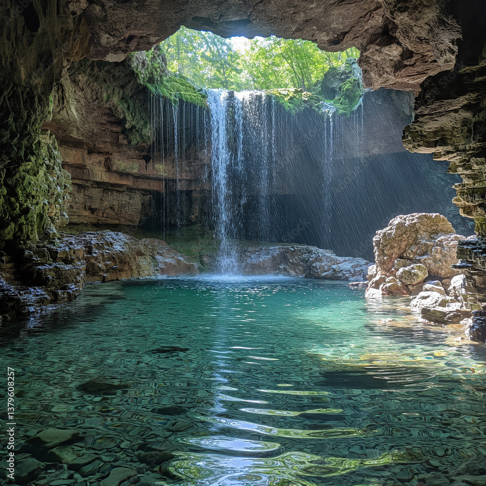 Naklejka premium Šupljara Cave – A hidden cave near the Lower Lakes, offering a unique view of the waterfalls