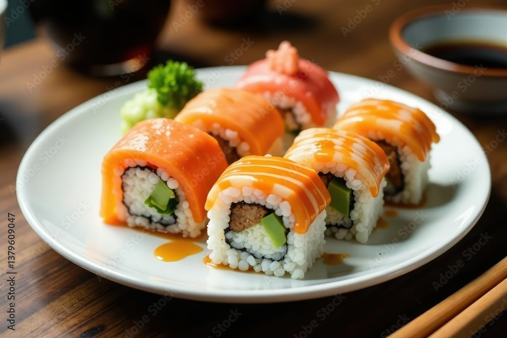 Variety of sushi rolls on a white plate, soy sauce, wasabi, white, lunch Variety of sushi rolls on a white plate, soy sauce, wasabi, white, lunch