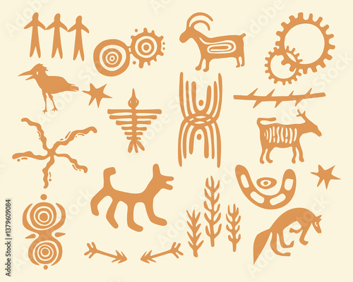 Ethnic vintage animal and botanical nature shape pattern african tribe primitive textile silhouette motif layout pattern editable