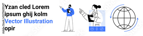 Two professionals exchanging ideas while referencing technology tools, adjacent to a globe with arrows. Ideal for teamwork, global business, innovation, collaboration, education, strategy, simple