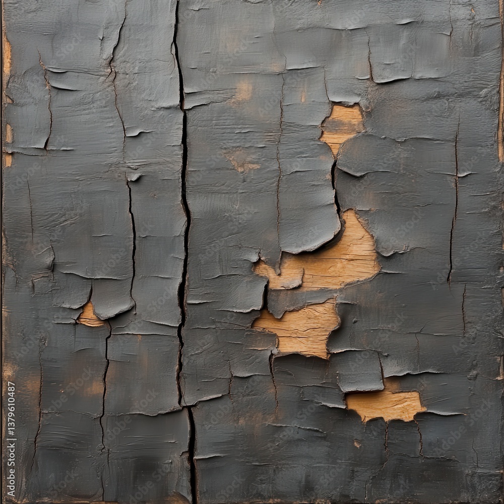Fototapeta premium Textured Grey Paint Peeling from Wooden Surface with Cracks