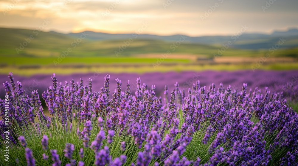 Obraz premium Lavender field at sunset, rolling hills