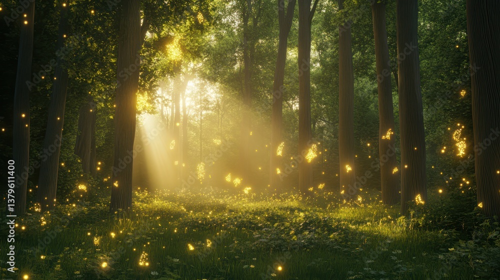 Obraz premium Magical sunrise in enchanted forest, fireflies glowing, peaceful nature scene, game background