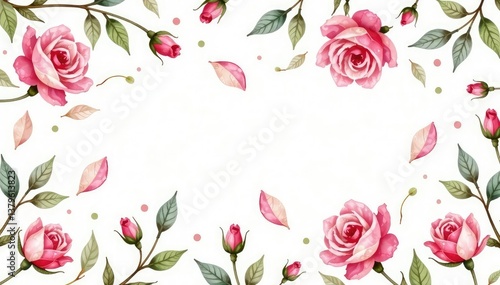 Delicate watercolor rosebuds & leaves, repeating pattern, vector, illustration