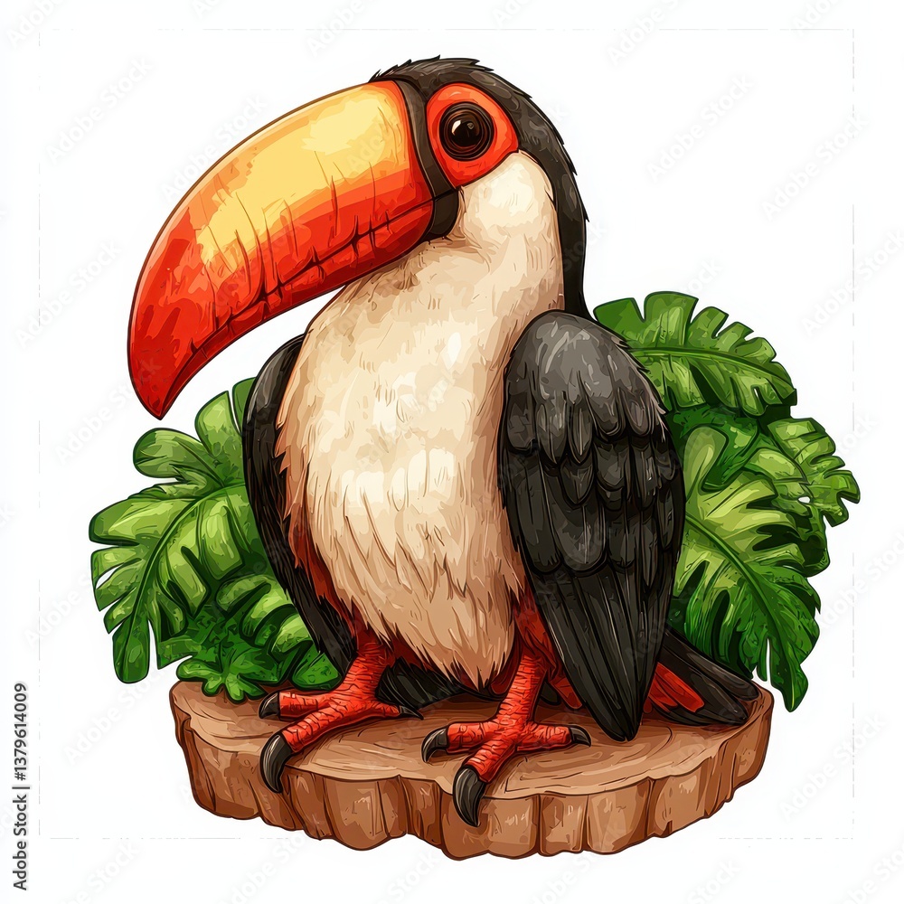 Fototapeta premium Vibrant Toucan Illustration Perched on a Tropical Wood Stump Surrounded by Lush Green Leaves