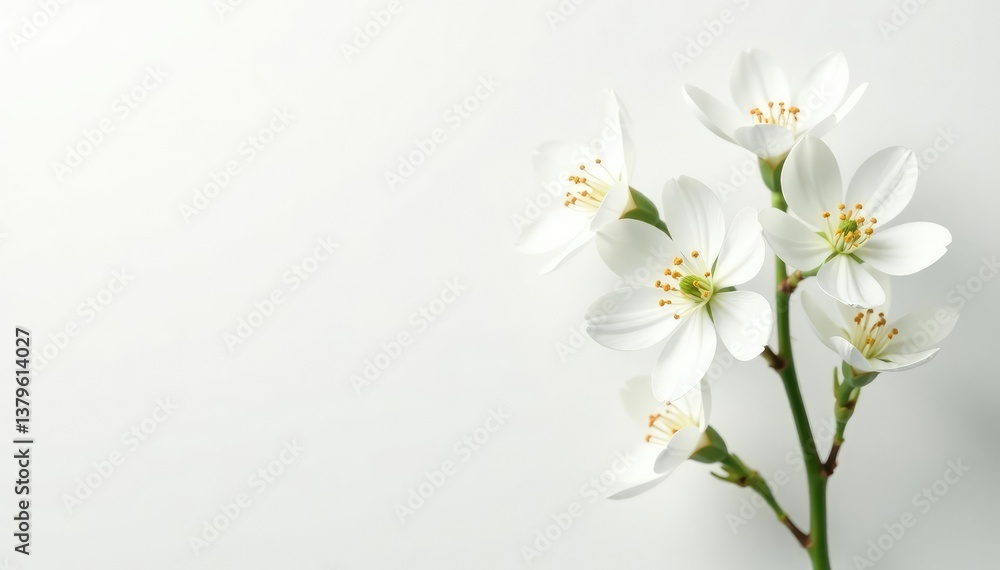 Delicate white flower blossoms against pure white backdrop, design, bright Delicate white flower blossoms against pure white backdrop, design, bright