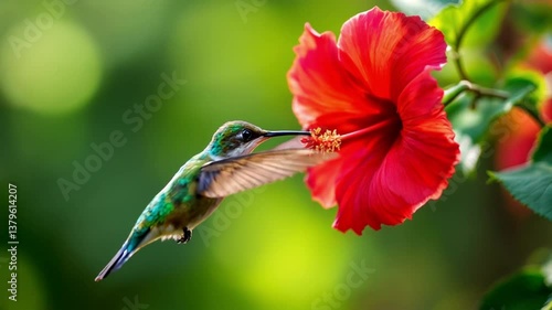 A hummingbird sips nectar from a vibrant hibiscus flower.