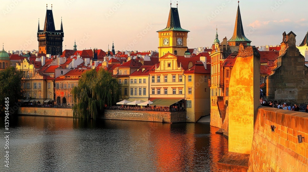 Fototapeta premium Golden Hour Sunset Over Prague's Old Town and Charles Bridge
