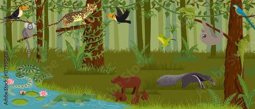 vector drawing rainforest landscape with animals, birds and trees , jungle background,animal in nature, hand drawn illustration