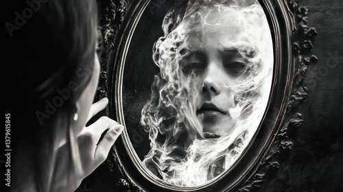 A woman looking into a vintage mirror, a spectral reflection obscured by swirling smoke