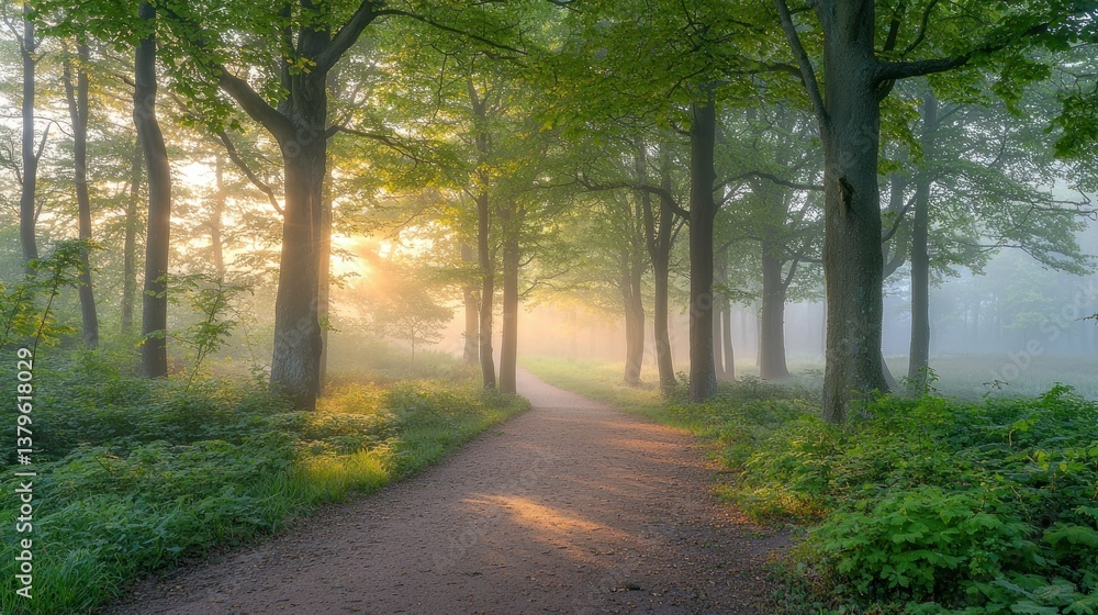 Fototapeta premium Sunlit path through misty forest at dawn