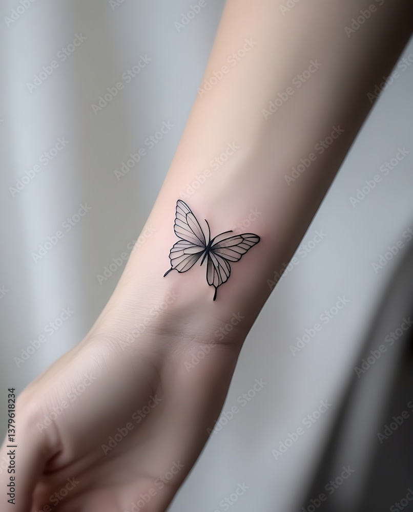Obraz premium Minimalist black butterfly tattoo on a person's wrist, symbolizing transformation, freedom, and beauty, featuring fine-line ink art in a delicate and elegant design