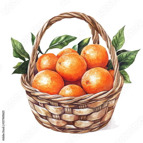 A watercolor vector illustration of Tangerine basket, isolated on a white background.

