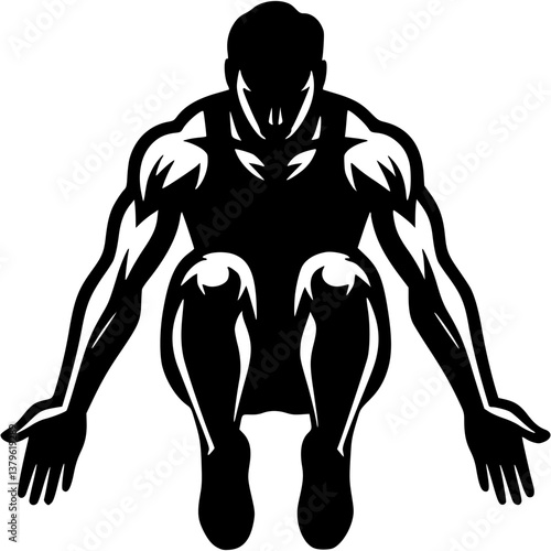 Sport emblem of athletic muscular parkour athlete jumping over obstacle front view in monochrome. Engraving minimalistic vector in black ink drawing on transparent background