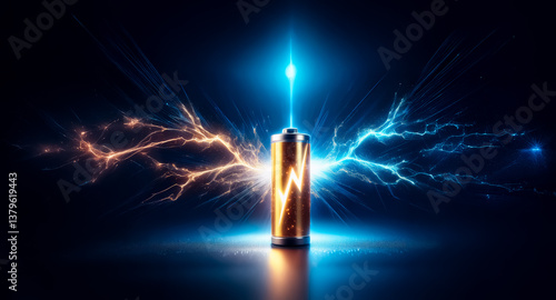 A battery is depicted against a dark backdrop, emitting vibrant blue and orange electrical sparks. The scene conveys a sense of potent energy and technological innovation with bright illumination.