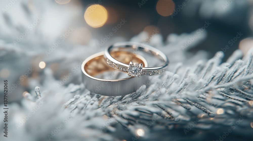 Close Up of Two Intertwined Wedding Rings on a White Soft Surface with Bokeh Lights Close Up of Two Intertwined Wedding Rings on a White Soft Surface with Bokeh Lights