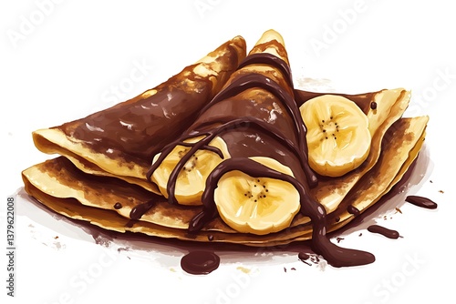 Stacked Pancakes with Chocolate Syrup and Banana Slices on White Background