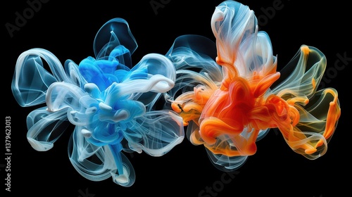 Ink Particles: Fluid ink particles blending through water, forming organic, abstract shapes that shift and flow for an artistic atmosphere.