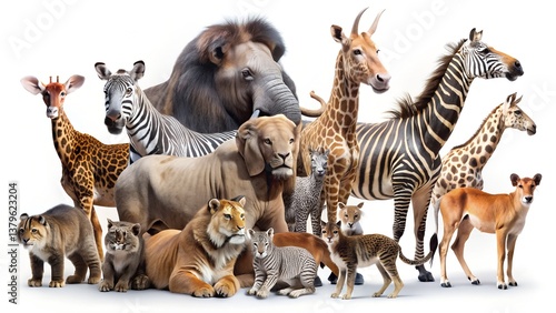 Mixed animals in the jungle white background 