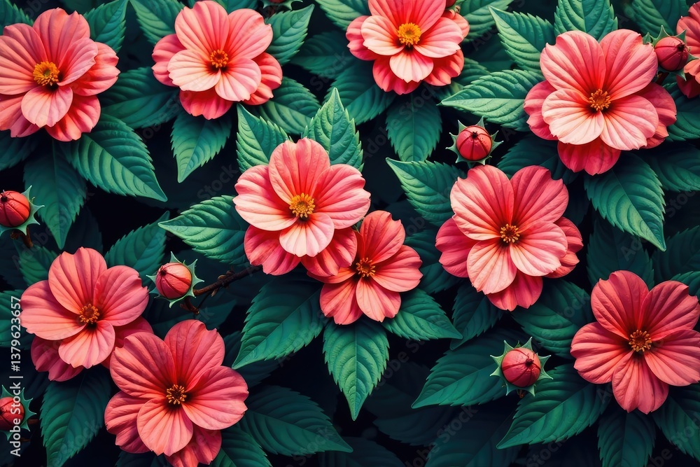 Overlapping blossoms, intricate leaves, dense tapestry, illustration, vibrant Overlapping blossoms, intricate leaves, dense tapestry, illustration, vibrant